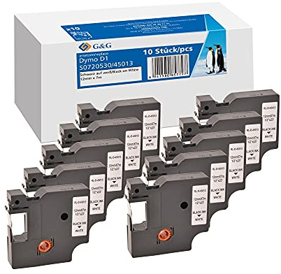 G&G Schriftband Kompatibel 45013 für Dymo D1 45013 S0720530 Etikettenband 12mm x 7m für Dymo LabelManager 160 210D 360D 280 420P 500TS PnP Dymo Labelpoint 250 150 100 200 10x Schwarz auf Weiß