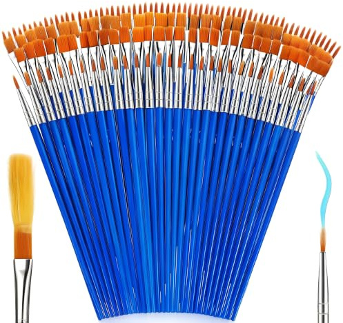 DECYOOL Paint Brushes 100 Pcs Small Round Flat Bulk for Detail Painting | Nylon Bristles and Plastic Handle, Art Class School and Crafting, Fine Detailing for Watercolor Oil Acrylic, Pack of 100 Asso