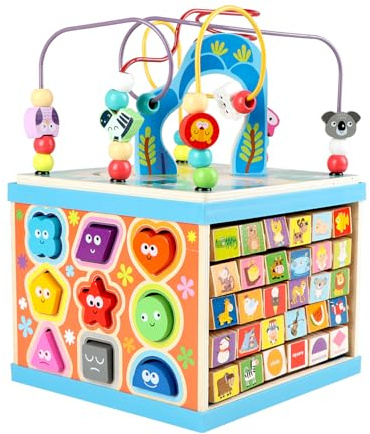 Qilay Wooden Activity Cube for Toddlers, 5 in 1 Multipurpose Abacus Early Educational Montessori Toys, Learning Toys for Kids | Bead Maze, Great for Boys Girls