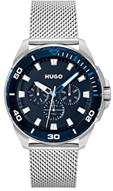 HUGO Multi Zifferblatt Quarz Uhr für Herren Kollektion #Fresh mit Silbernes Edelstahl-Mesh-Gliederarmband - 1530287