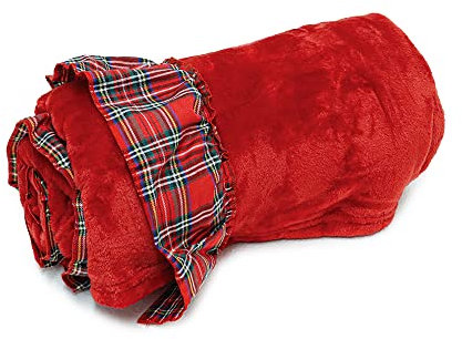 INTRECCI Coperta Plaid Con Bordo Tartan Scozzese Applicato, Coperta Tinta Unita Per Divano Soffice Leggera Disponibile in più Misure (Rosso, Plaid 130x160 cm)