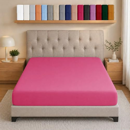 AMEHA Fitted Bed Sheets Double Deep Pocket Up to 25 cm Hot Pink Bedsheets Ultra Soft Brushed Microfiber Elasticated Corners Bottom Sheet Shrinkage and Fade Resistant