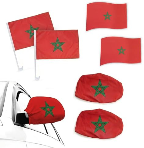 Auto Fahnen Marokko Set - 2 x Autofahne, 2 x Überzieher Außenspiegel & 2 x Magnetfahnen, Fußball Fanartikel FZG für EM & WM, Marokkanische Flagge Fahrzeug Deko