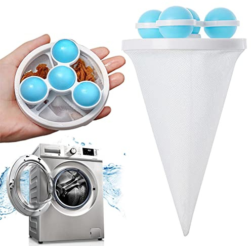 Waschmaschinen-Filterbeutel, Haar-Fusselfänger, Netzbeutel, Haarfänger mit 4 schwimmenden Bällen, Blumen, Haarfilter, Netztasche, wiederverwendbar, Haarentferner-Werkzeug (2 Stück)