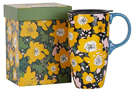 Topadorn Tasse à café en céramique avec couvercle et coffret cadeau, tasse à café à latte, 500 ml. Fleur jaune