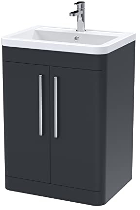 nuie FPA1410A Parade Modern Bathroom Floor Standing 2 Door Vanity Basin Cabinet with Ceramic Basin, 600mm, Soft Black