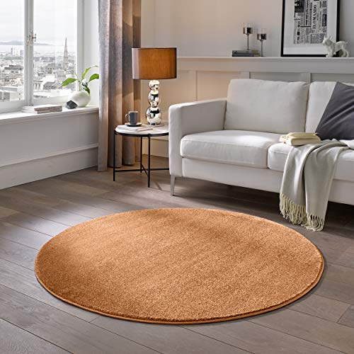 TacaHome Kurzflor Teppich Designer I Flauschiger Flachflor fürs Wohnzimmer, Esszimmer, Schlafzimmer oder Kinderzimmer | 150 cm rund Terra Kupfer