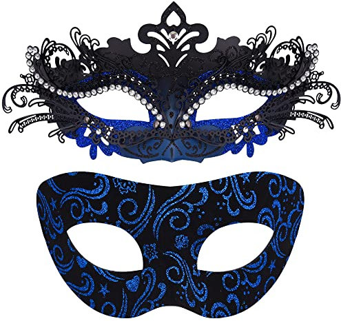 SIQUK 2 Stück Venezianische Maske Paar Maskerade Mask Venezianischen Maske Kostüm Masken für Damen Herren Halloween Karneval Party, Schwarz & Blau