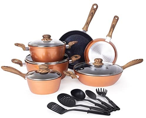 Non Stick Pots and Pans Set – Induction Hob Pots Set – 15pcs Kitchen Cookware with Lids – Cooking Copper Saucepan Pots – by Nuovva