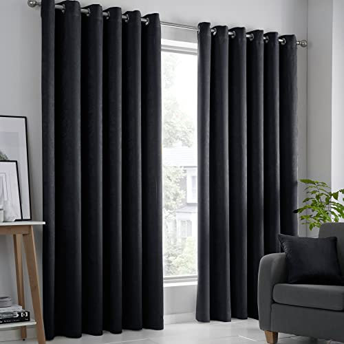 Fusion Black Curtains W90 x L108 (229 x 275cm) - 2x Panels - Eyelet Thermal Curtains for Bedroom/Living Room - Strata Collection