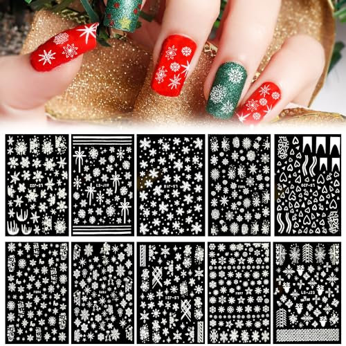 DTYGUIXE 10 Blatt Nagelsticker Weihnachten Nagelaufkleber Selbstklebend Nagelkunstaufkleber Winter Nail Art Sticker Weiße Schneeflocken Nagelsticker für Nagel, Mobiltelefone, Sammelalben, Grußkarten