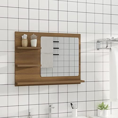Homgoday Badspiegel mit 3 Ablagen Badezimmerspiegel Spiegelregal Wandspiegel Hängespiegel Badmöbel Spiegel Flurspiegel für Schlafzimmer für Badezimmer Braun Eiche-Optik 60x10,5x45 cm