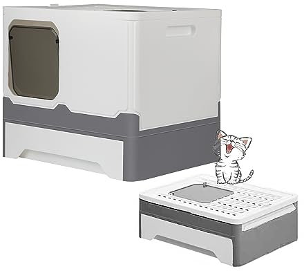 MINGYI Bac à Litière pour Chat Fermée, Grande Maison de Toilette Chat Pliable avec Couvercle, Tiroir à Litière avec Pelle, WC pour Chats, Jusqu'à 7 kg (Gris-Blanc L 45×35×38 cm)