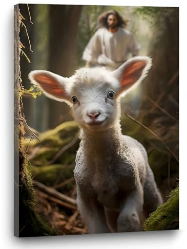 Jesus Gemälde, Leinwand-Kunst, Jesus rettet das verlorene Lamm, Poster Jesus und Tiere, Kunst, Jesusbilder für Wand, christliche Wandkunst, Jesus läuft nach dem verlorenen Lamm, Bild für Wohnzimmer,
