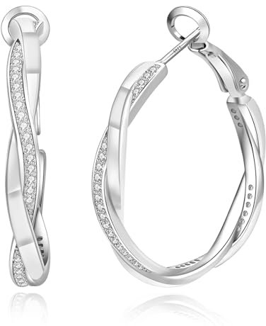HEEYA Sterling Silber 925 Creolen für Damen - 14 Karat Gold/Weißgold Plattiert Gedrehte Ohrringe Mit Zirkonia - Klein, Mittel, Groß - Hypoallergen