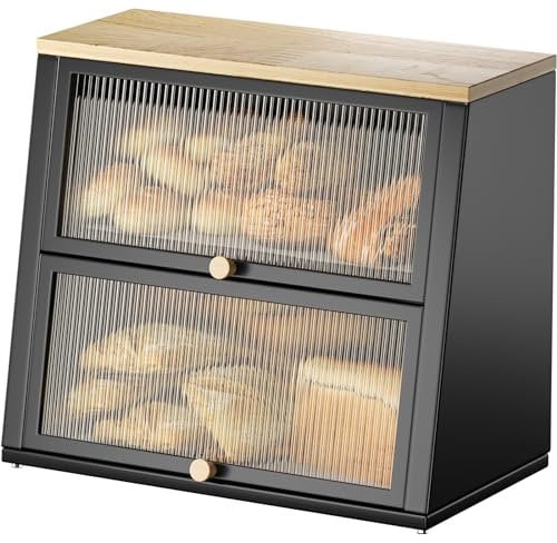 Urackify Two-Layer Large Bread Box, Bread Bins for Kitchen, Black Bread Bin with Stiped Window Door Pancel, Bread Storage with Wood Handle, kitchen Bin Storage with Removable Layer, Black