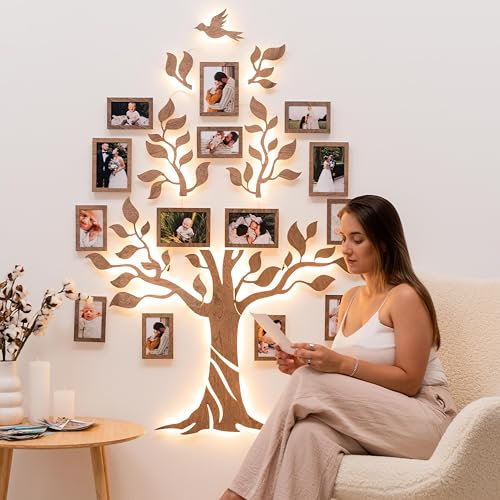 Lighted Family Tree Wall Decor - 3D LED Photo Collage, Wooden Family Tree Wall Decor Sticker Picture Wall Tree - LED Family Tree Picture Frame (Design 2)