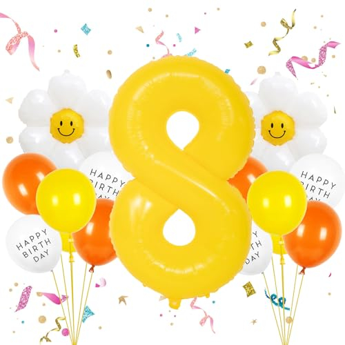 VUCDXOP Geburtstagsdeko Mädchen 8 Jahr, Gelb Deko Mit Luftballons, Folienzahlen Und Riesen Folienballon Zahl 8 für Party - Jungen Und Mädchen