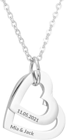 Personalized Heart Necklace with Custom Name and Birthstones, Silver Pendant Chain, Made in the UK (Silver 2 hearts)
