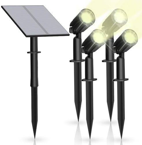 4er Set Solar Gartenstrahler | Gartenspots | 3 Lichtmodi | Auto Ein/Aus | 5W, 90lm, 3000K | IP65 wassergeschützt mit Erdspieß