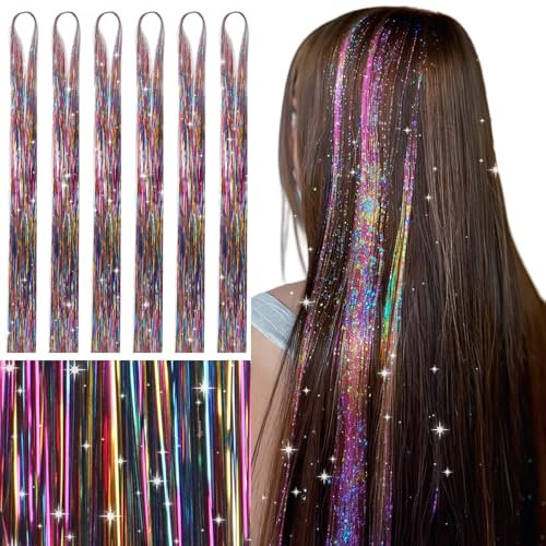 WENNALIFE Hair Tinsel, Farben Mischen 120CM Haar Lametta 1200 Glitzer Haarsträhnen Kit Glitzersträhnen für Haare Festival Party Haar Glitzer Tinsel Hair Fairy Hair für Mädchen