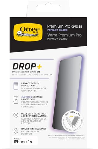 OtterBox Premium Pro Privacy Guard Glass Screen Protector for iPhone 16, Tempered Glass, superior Scratch Protection, Survives Drops up to 6ft