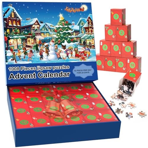Calendrier de l'Avent 2024 Jigsaw Puzzles Calendrier de l'Avent Jigsaw Puzzles pour adultes et enfants, 70 x 50 cm, 1008 pièces Puzzles de haute qualité, Cadeau de Noël pour garçons, filles, ville