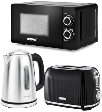 Geepas Illuminating Electric Kettle 2 Slice Bread Toaster & Microwave Kitchen Combo Set | 1.7L 2200W Stainless Steel Cordless Jug Kettle | 1000W Toaster 20L 700W Solo Manual Microwave Countertop Set