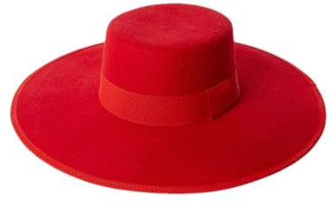 Damen Bootshut aus 100 % australischem Wollfilz, breite Krempe, Filzhut mit Schleifenband, flacher Hut, rot, S