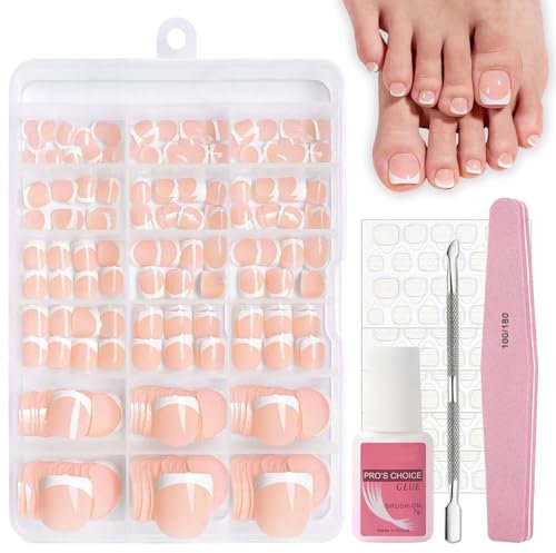 French Press on Toenails Kit, 240Pcs French Tip False Toenails Short, Square Fake Toe Nails, 15 Sizes Full Cover Stick on Toenail with Nail Glue for Women Nail Art Manicure Decorations