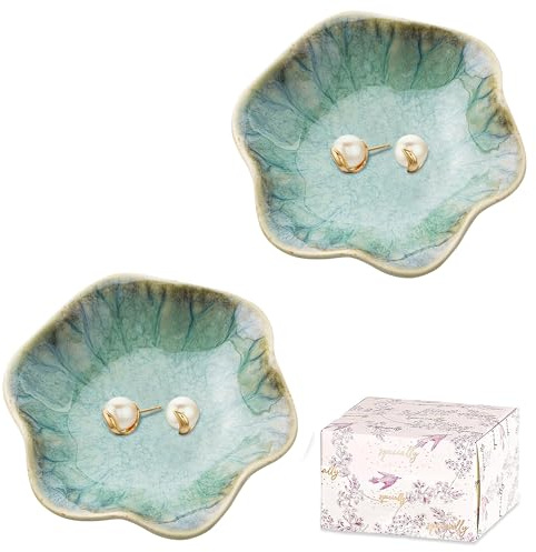Trinket Dish for Women – 2pcs Gift for Her, Mum, Girl Sea Green Ceramic Jewelry Ring Holder Trays, Aesthetic Room Decor, Cute Bedroom Accessories, Friendship, Birthday, Christmas, Housewarming