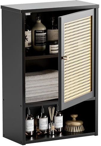 HITNET Schwarz Rattan Klein Wandschrank für Badezimmer Küche Waschküche | Badschrank Hängend, Bambus Medizinschrank mit Verstellbaren Regalen, Aufbewahrungsschrank Wandmontage Over-the-Toiletten