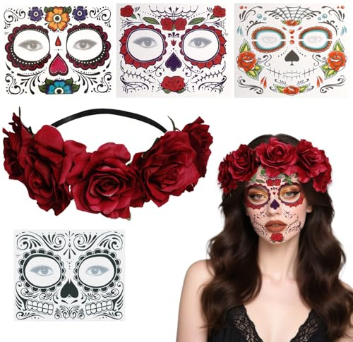 Qwrqwr Halloween Kopfschmuck Tag der Toten Rose Kopfschmuck und Temporären Gesichts Tattoo Mexikanische Stirnband Kostüm Haarschmuck Fasching Accessoires Damen (Weinrot)