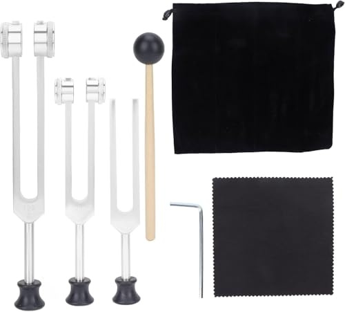 128Hz 256Hz 512Hz Tuning Fork Set, Tuning Forks for Healing Meditation Yoga, Healing Instrument with Silicone Hammer Storage Bag & Cleaning Cloth Silver