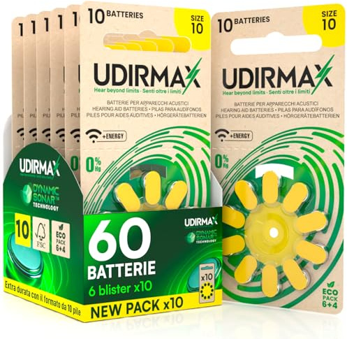 60 Batterien für Hörgeräte Größe 10 Udirmax PR70 Gelbe Zink-Luft-Batterien mit Dynamic Sonar Tecnology - 6 Umweltfreundliche Blister mit 10 Batterien