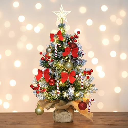 Mini árbol de Navidad artificial preiluminado, árbol de Navidad pequeño en maceta, árbol de Navidad pequeño con lazos de bola de Navidad, estrella de piña, bayas rojas, para Navidad, hogar, cocina