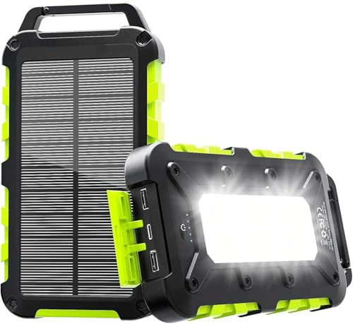 Solar Powerbank 26800mAh PD 15W Tragbares Powerbanksolar USB C Outdoor Wasserdichtes Externer Akku mit LED-Licht und 3 Ausgängen Solar Ladegerät für Tablets Smartphones Camping und mehr, Grün