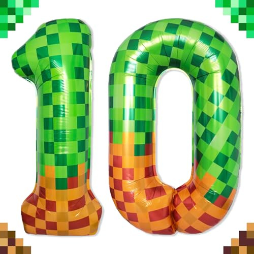 ZingBox Pixel Zahlen Luftballon 10 Geburtstag, 100cm Grün Pixelmotiv Folienballon 10, Pixel Miner Zahlen Ballons 10. Geburtstag Junge Mädchen, Pixel Thema Helium Ballon 10, Geburtstagsdeko 10 Jahre