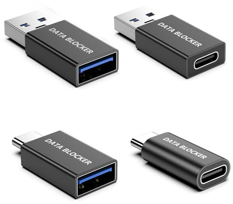 4 Kinds of USB Data Blocker Adapter, USB C Data Blocker for iPhone 15 16 17 and for Android Phone or for ipad, A to A & A to C & C to C & C to A Only for Charge, Protect Against Juice Jacking (Black)