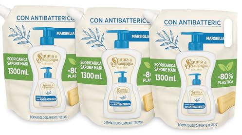 Spuma di Sciampagna Sapone Liquido Mani Marsiglia, Ricarica 1,3L, Set di 3 Flaconi, 3,9L Totale