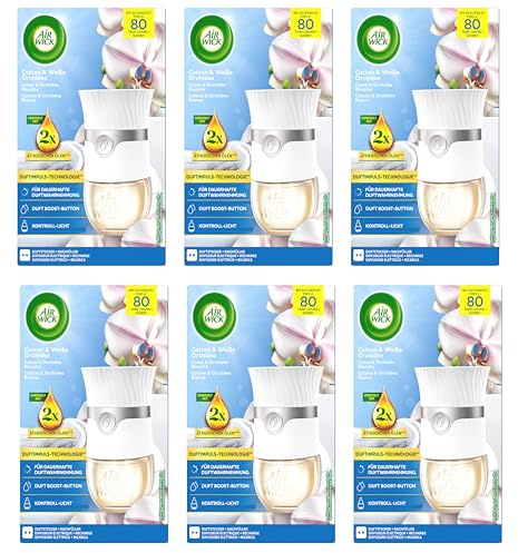 Air Wick Duftstecker NEU – Starter Set mit 1 Nachfüller – Raumduft Cotton und Weiße Orchidee – 6 x Gerät und 6 x 13ml Öl