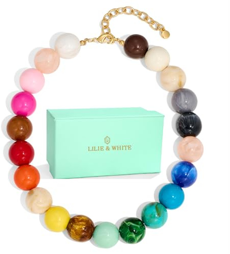 LILIE&WHITE Bunte Perlenkette Chunky Handgefertigt Boho Halskette Damen | Perlen Kette Hypoallergen Choker Halskette Boho Große Auffällige Aus Hochwertigem Harz Kunststoff Modischer Freizeitschmuck