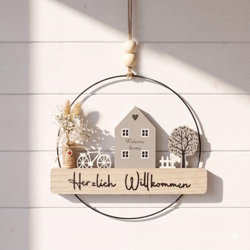 Qivra Trockenblumenkranz 30cm, Türkranz Deko Herzlich Willkommen, Türkranz Häuser mit Willkommensschild, Frühlingskranz Sommerkranz Girlande Homedeko Hochzeitsdeko, Tür Wand Dekoration