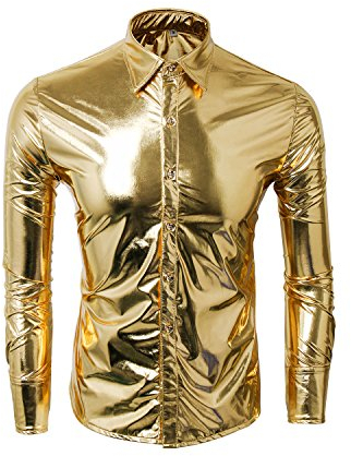 Cusfull Men's Metallic Silver Shirt Nightclub Styles Long Sleeves Button Down Dress Shirts Shiny Slim Fit Disco Dance Tops Costume Party Clubwear Halloween/Cosplay Costume (Medium, Gold)