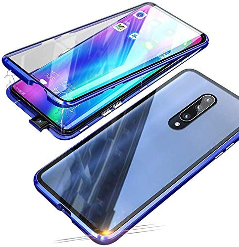 Hülle für OnePlus 7/OnePlus 6T, Magnetische Adsorption Metall Stoßstange Flip Cover mit 360 Grad Schutz Doppelte Seiten Transparent Gehärtetes Glas Handyhülle für OnePlus 6T