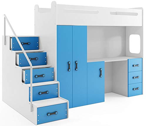 Interbeds Etagenbett Hochbett MAX 4 Größe 200x80cm mit Schrank und Schreibtisch, Farbe zur Wahl inkl. Matratze (blau)