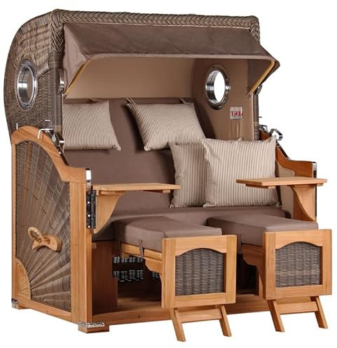 MR. DEKO® Strandkorb Düne Grande XL 2,5-Sitzer Teak | PE Geflecht Grey - Dessin 534 | Volllieger Strandstuhl mit Bullauge inkl. 2 Fußablagen | je 2 Kissen und Nackenkissen | Strandkörbe aus Teakholz