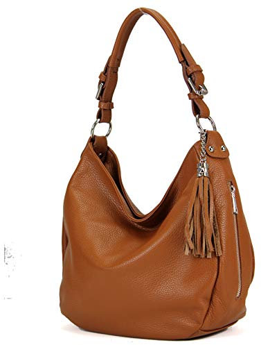 modamoda de T200 Damen Leder Schultertasche Henkeltasche handmade in Italy, Farbe:Cognac
