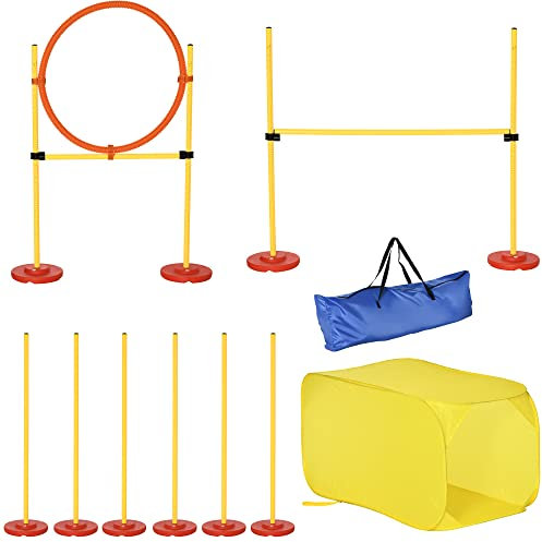 Pawhut Dog Agility Equipment Portable Pet Training Obstacle Set for Dogs 5 Pieces w/ Adjustable High Jumping Pole, Jumping Ring, Weave Poles, Tunnel