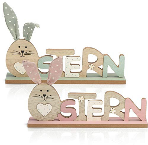 COM-FOUR® 2X Deko Aufsteller für Ostern - Schriftzug mit Osterhasen - Osterdeko zum Hinstellen - Osterdekoration aus Holz